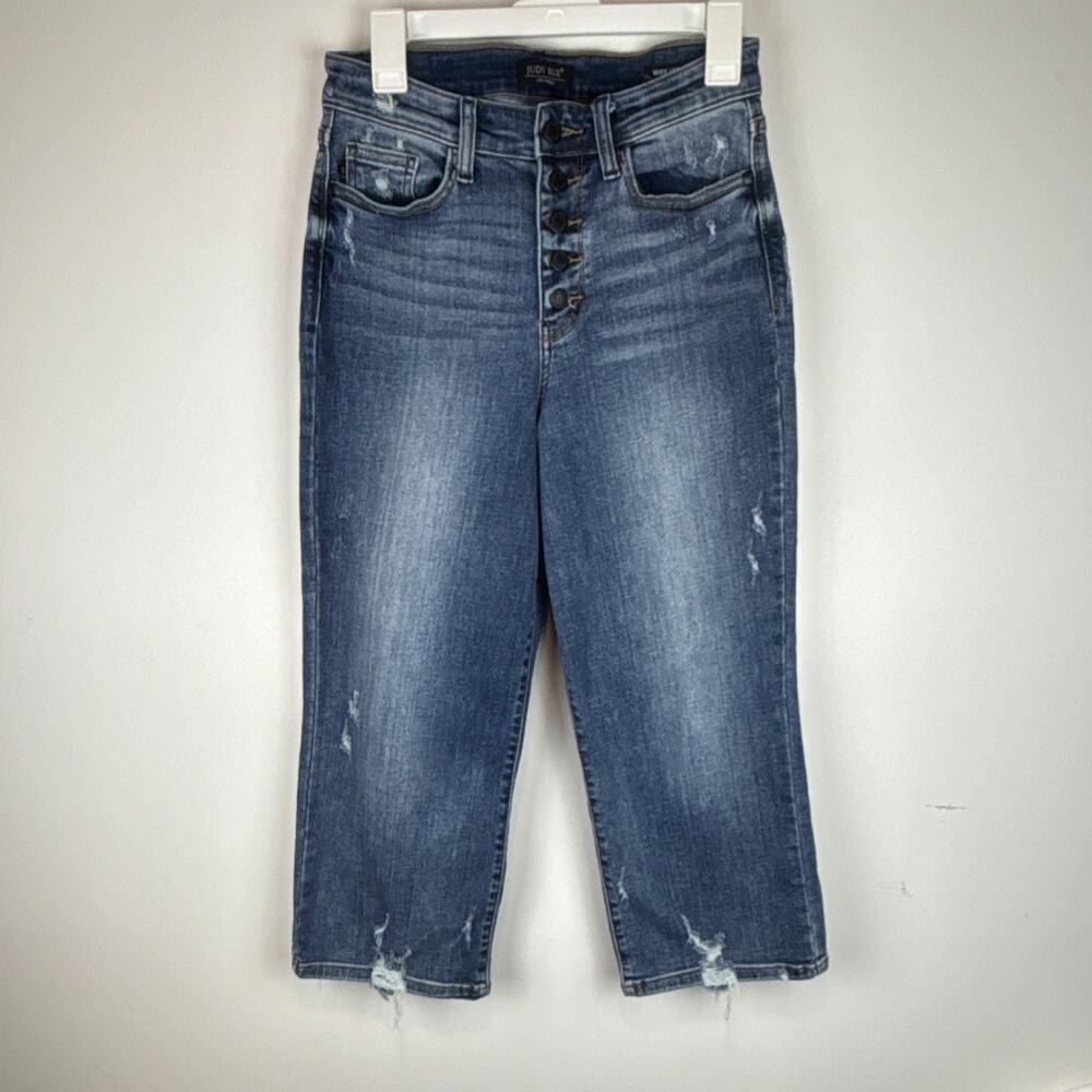 Judy Blue women's wide leg cropped jeans 27 med wash distressed button-fly Boho